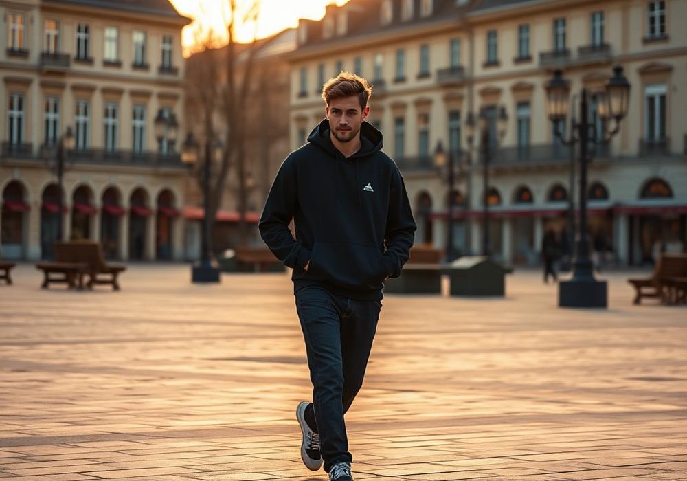 A navy heavyweight T-shirt styled with a restrained European wardrobe