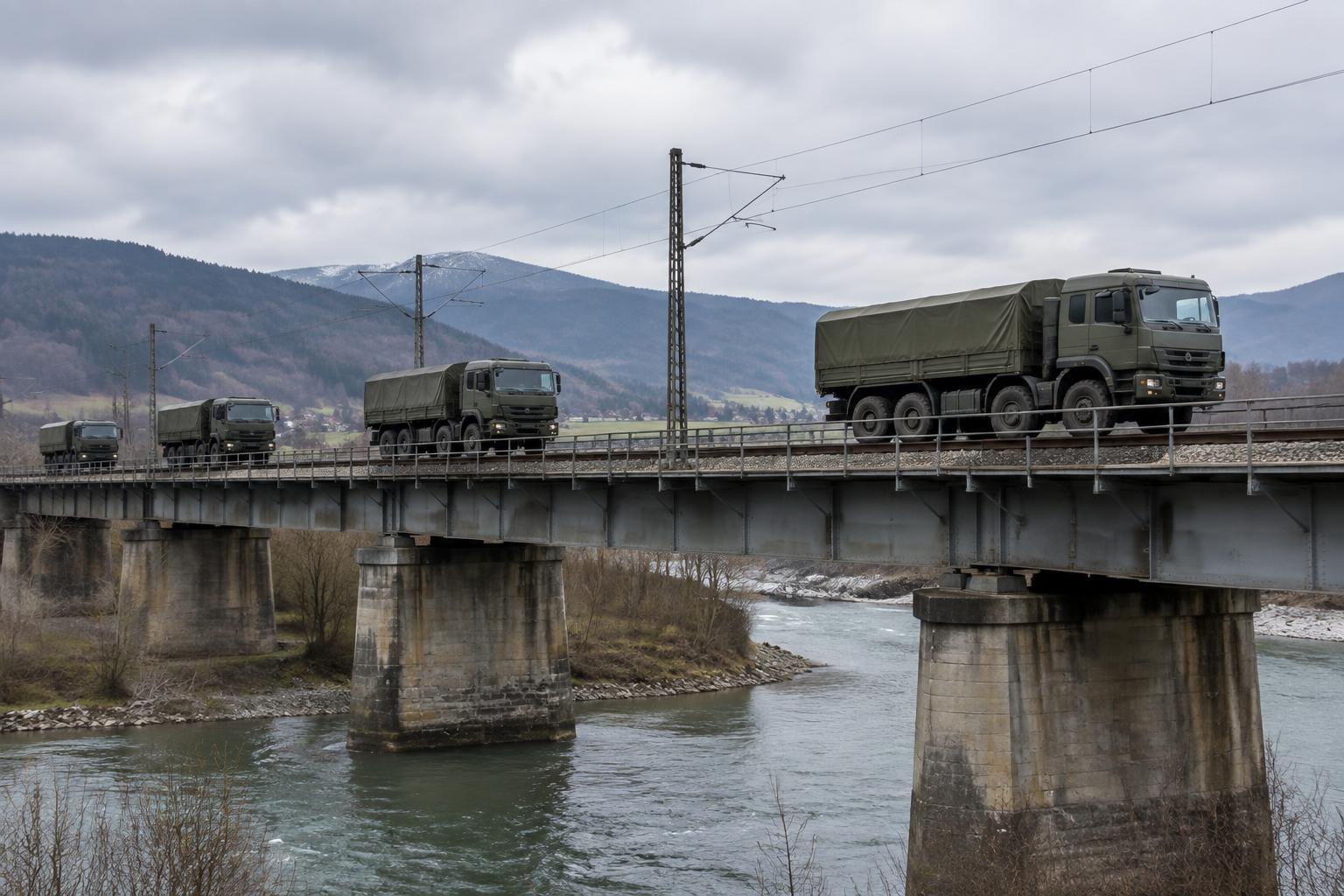 Military logistics vehicles crossing European transport infrastructure, illustrating defence readiness in Austria