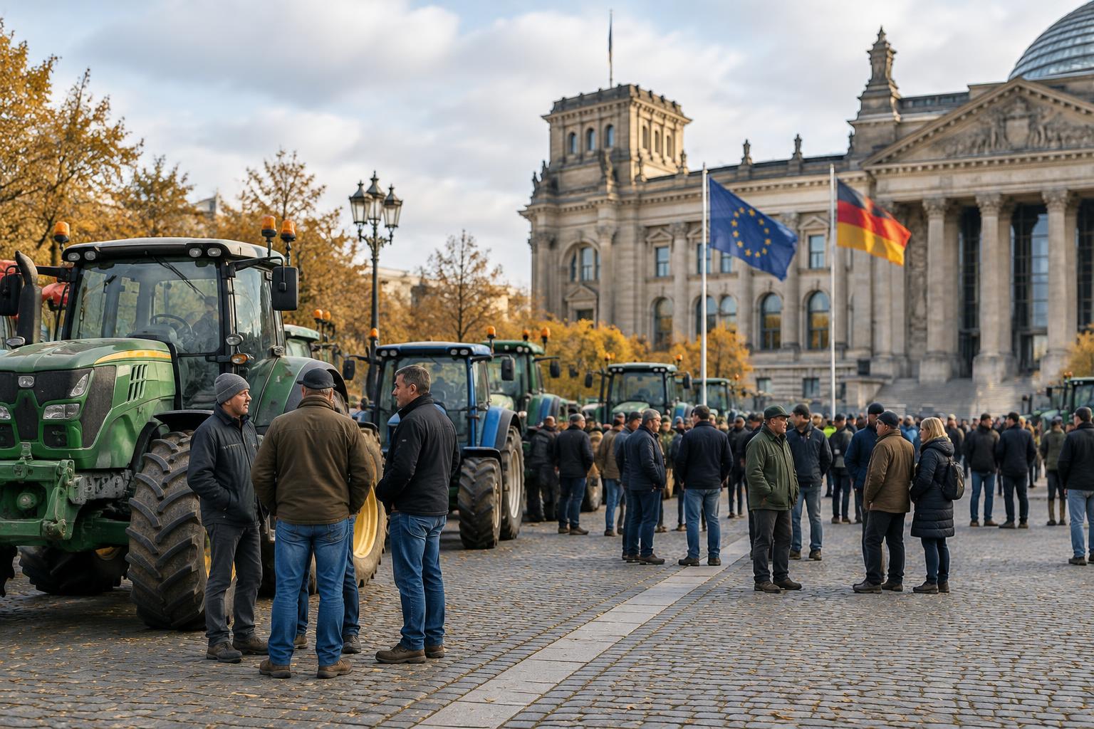 Farmers and tractors gathered peacefully outside a European public building, illustrating agriculture policy in European Union