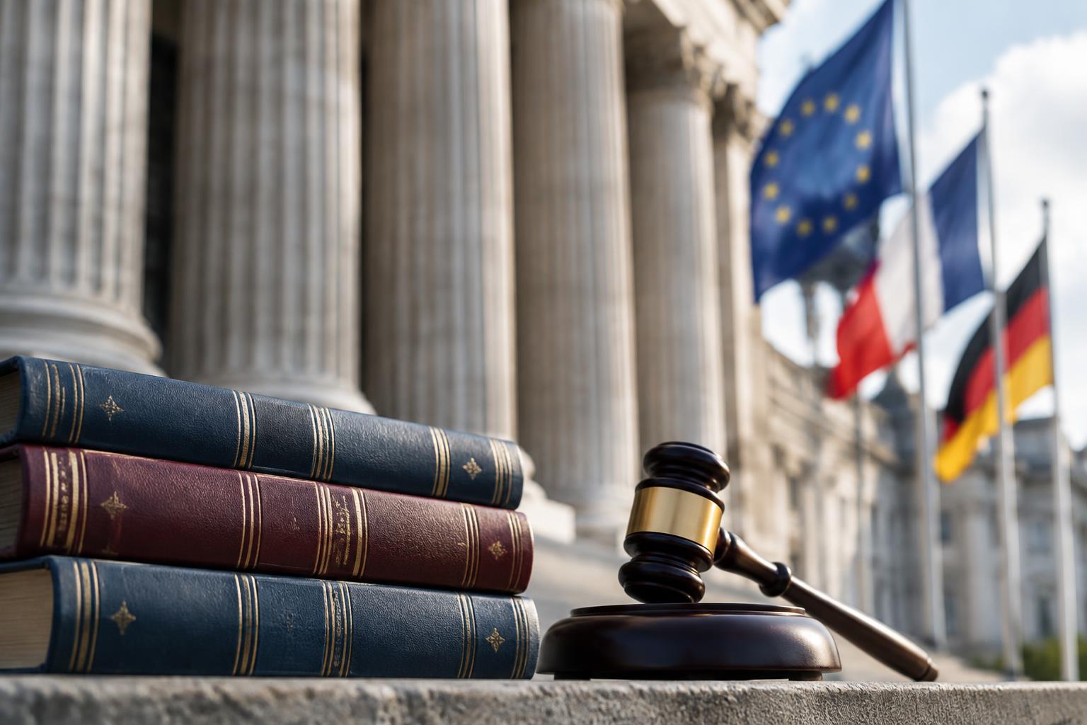Courthouse columns and legal volumes illustrating institutional questions in Germany