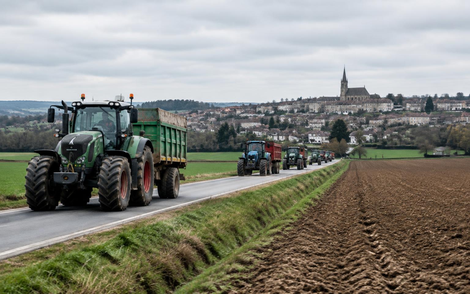 A convoy of farm tractors crossing European countryside