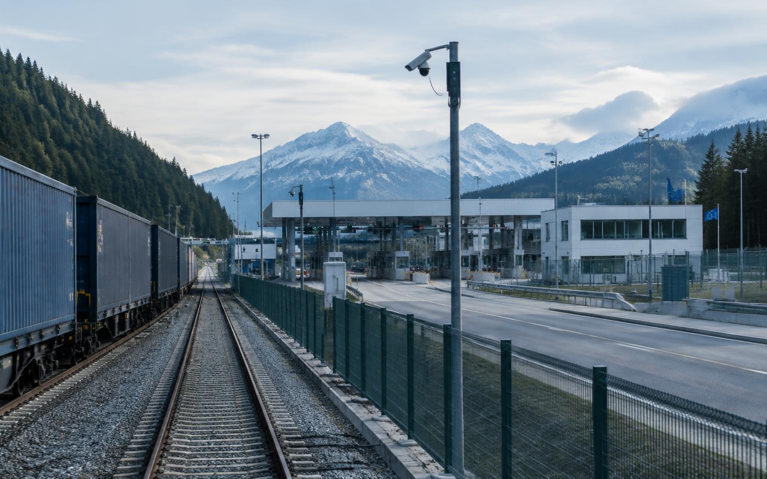 A controlled rail and road border crossing in the European mountains
