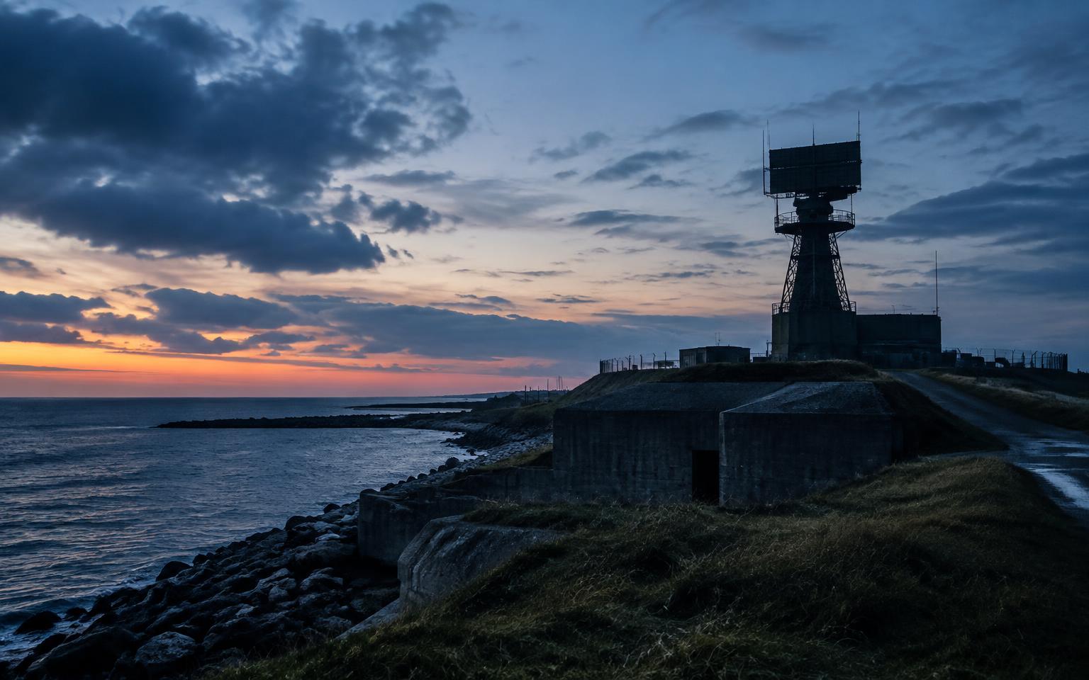 Coastal radar and defence infrastructure at dusk