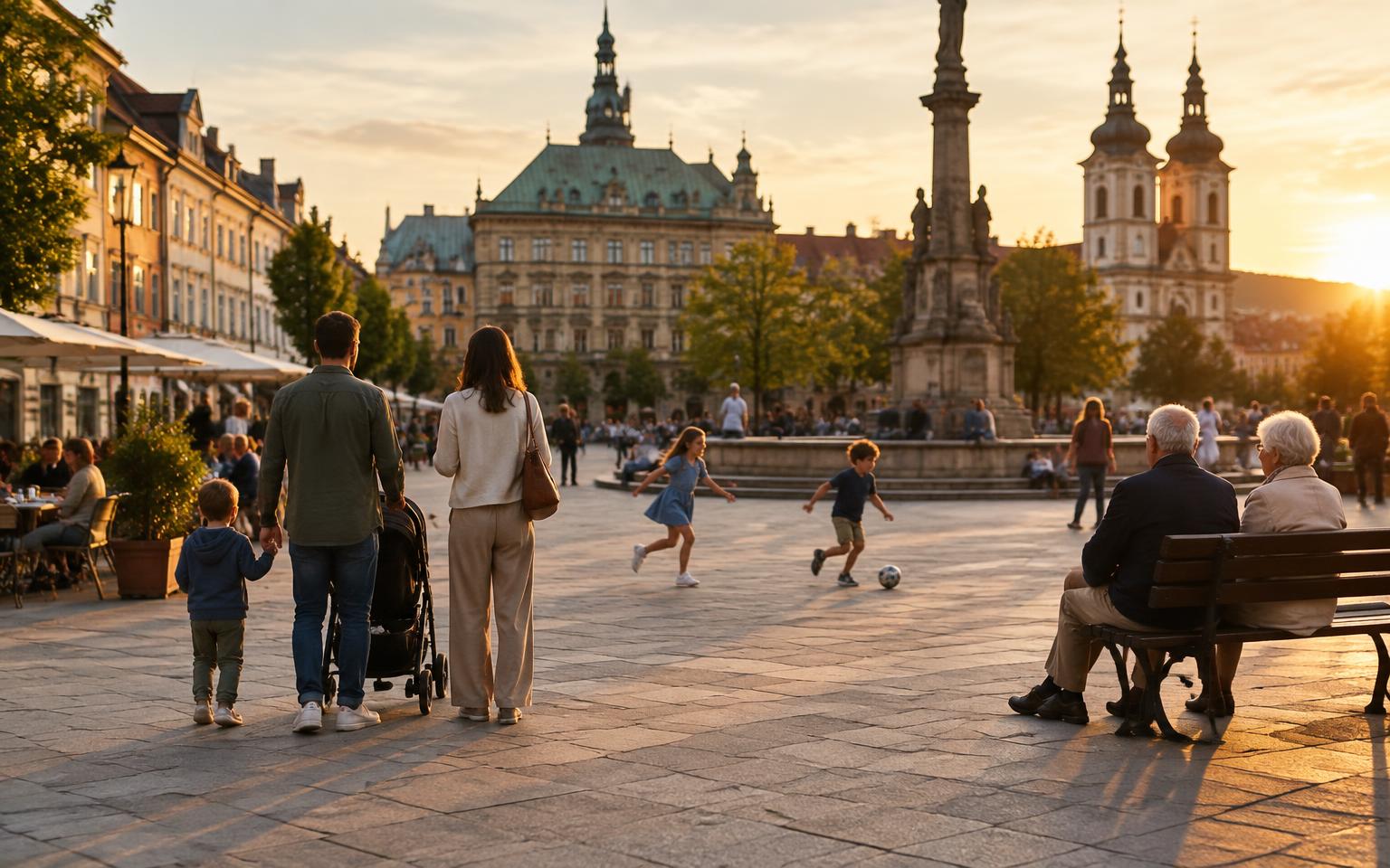 Several generations sharing an Italian civic square