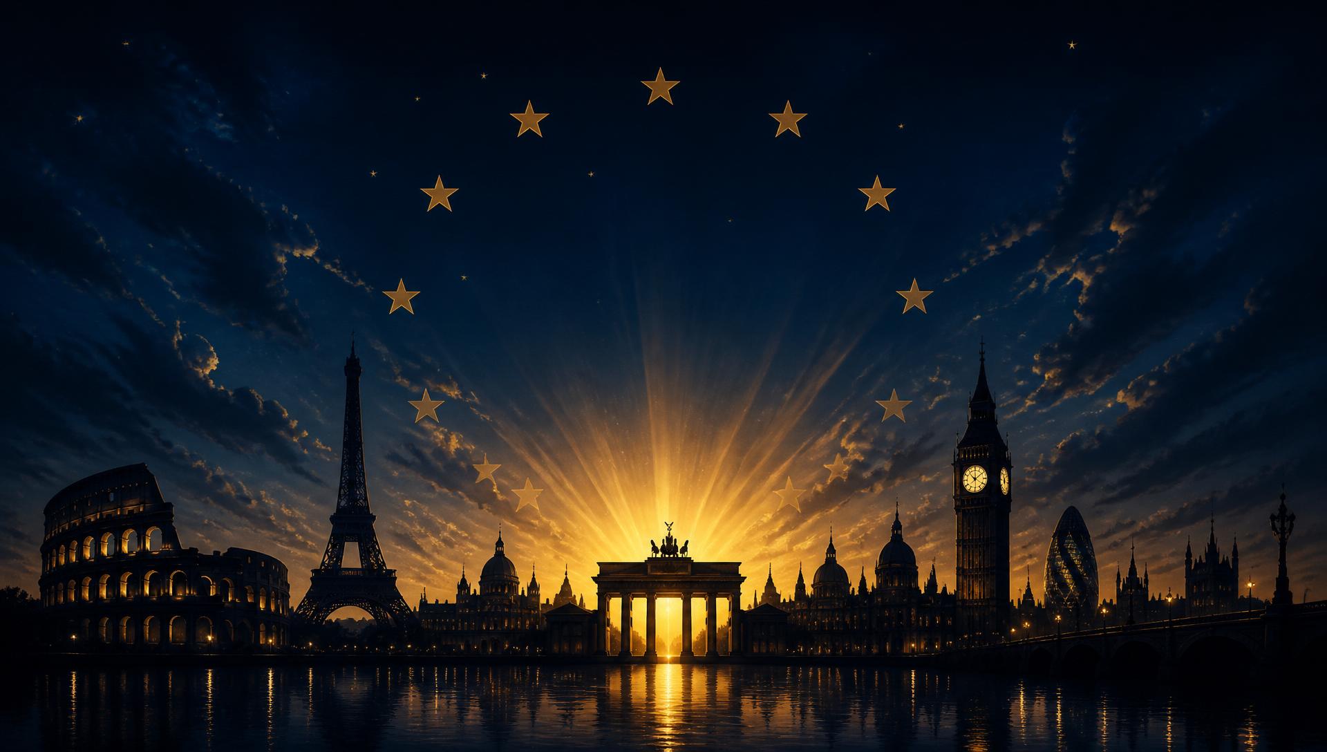 European flags in front of civic architecture