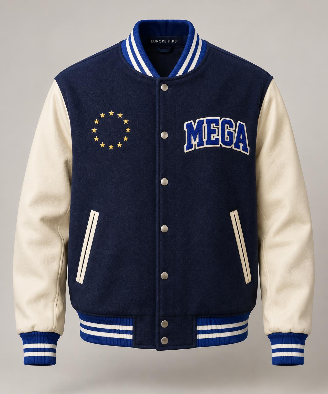 Navy and cream MEGA Europe varsity jacket