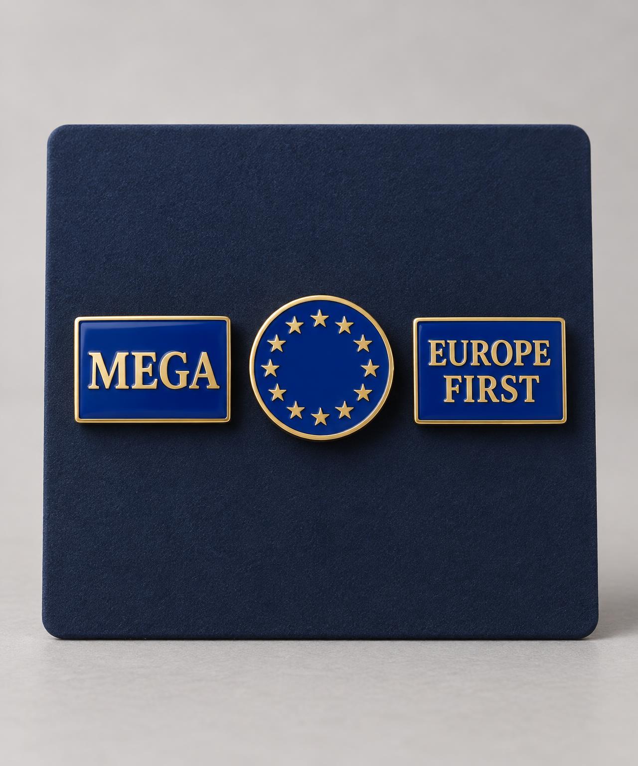 Set of three blue and gold MEGA Europe enamel campaign pins