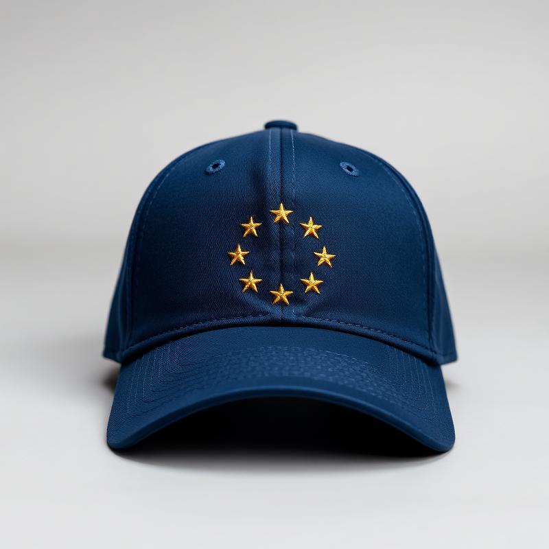 A structured navy cap with a restrained gold European emblem